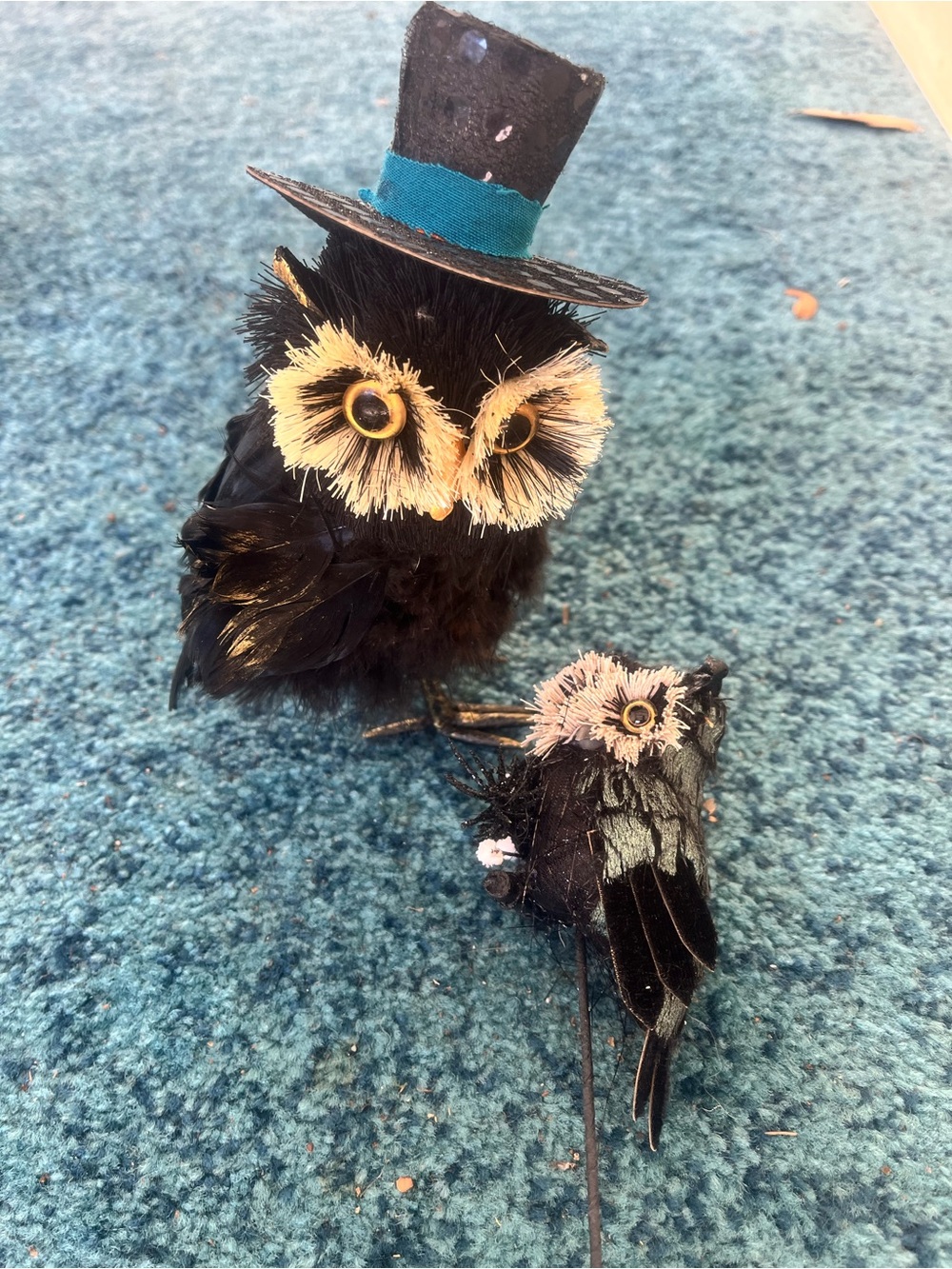 Black Decorative Feather Owl Figurine with Top Hat -